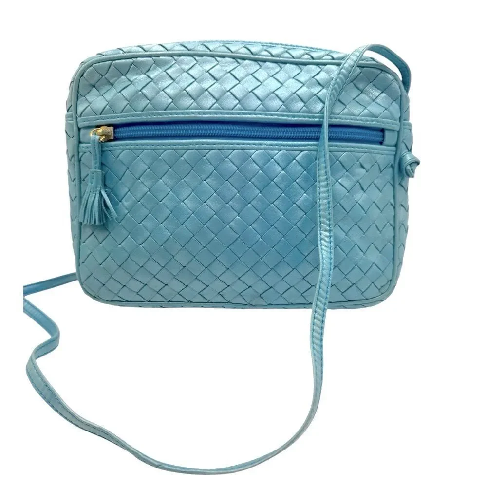 Auth Bottega Veneta Metallic Blue Intreciatto Camera Crossbody Shoulder Bag